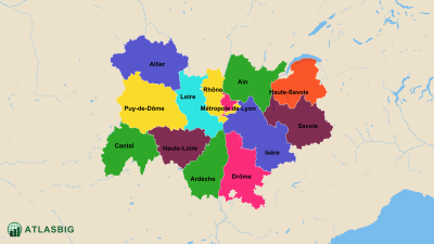 Carte des départements d'Auvergne-Rhône-Alpes Thumbnail